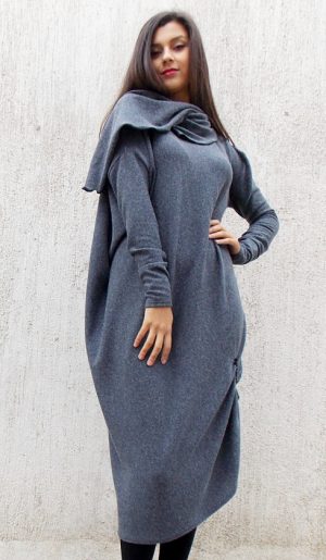 Hoodie Wool Jersey Dress, Loose Charcoal Grey Hoodie Dress TDK95 - TEYXO