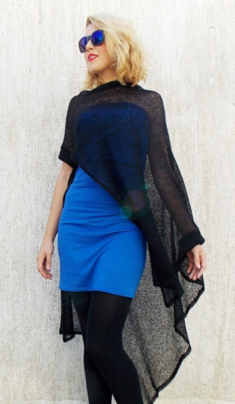 Black Mesh Mohair Poncho with Blue Dress, Mesh Wool Poncho TT27 - TEYXO