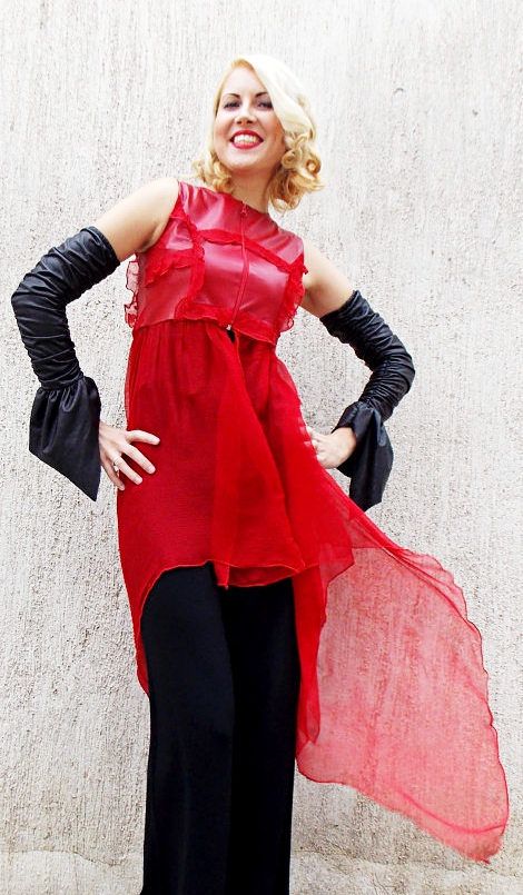 Natural Leather Silk Vest TT34, Red Asymmetrical Silk Vest - TEYXO