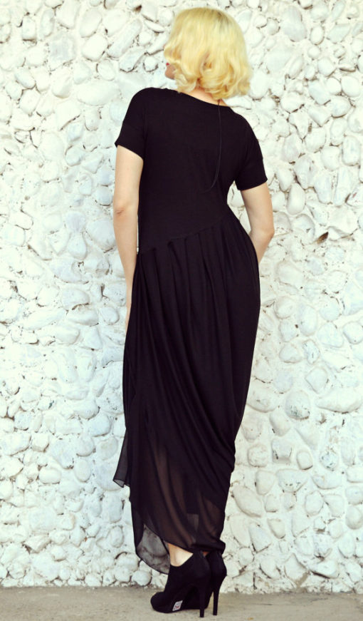 Black Asymmetrical Maxi Dress, Plus Size Black Dress TDK32 - TEYXO