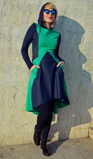 Extravagant Emerald Dress with Denim Inset TDK224 - TEYXO
