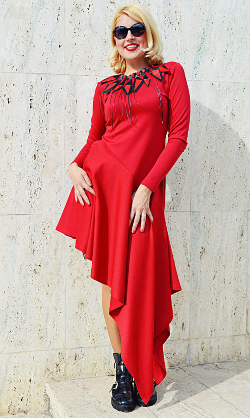 Red Jersey Dress, Asymmetrical Jersey Dress TDK277 - TEYXO