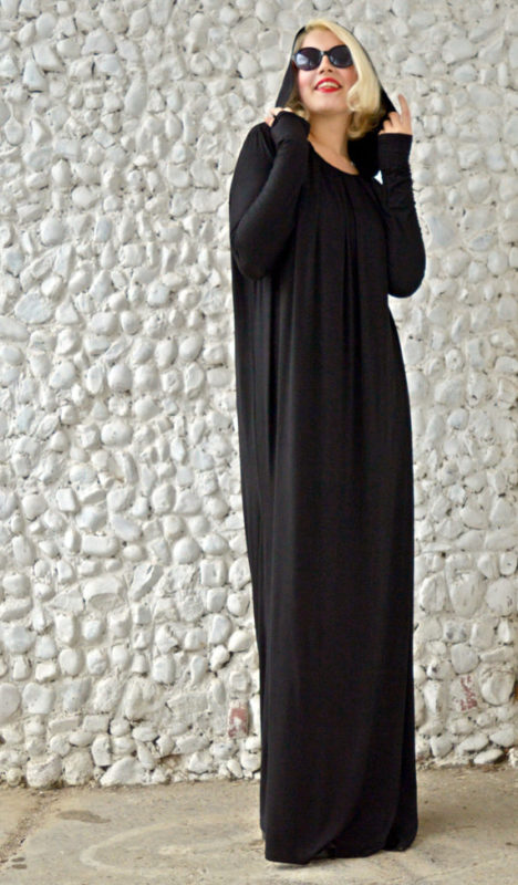 Black Maxi Dress, Loose Backless Dress, Long Hooded Dress TDK171 - TEYXO