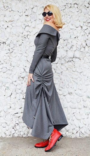 Gray Jersey Dress, Asymmetrical Maxi Dress TDK280 - TEYXO