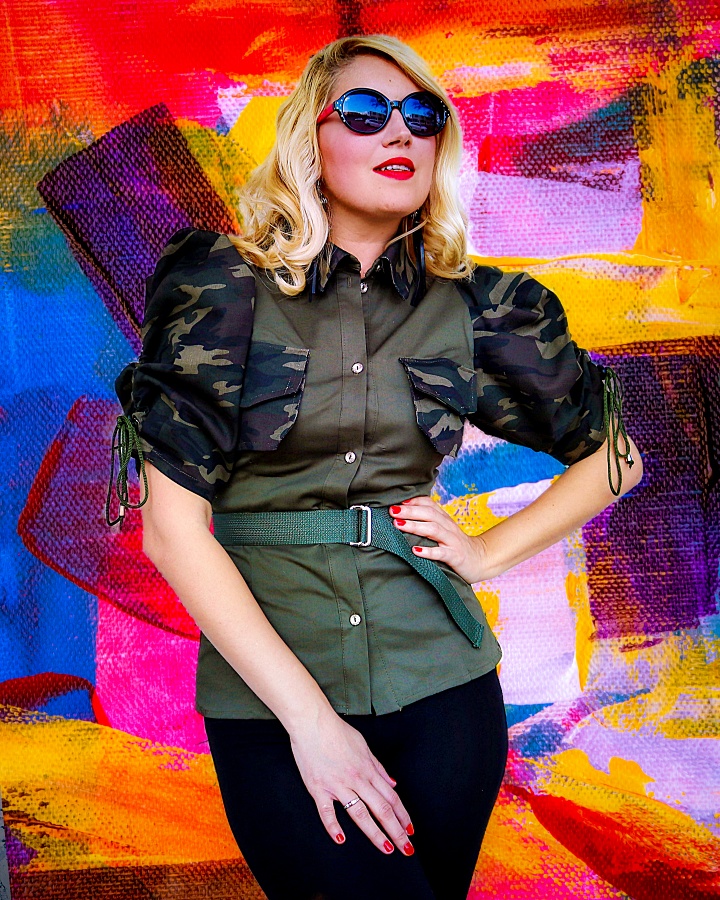 camo top with puffy sleeves
